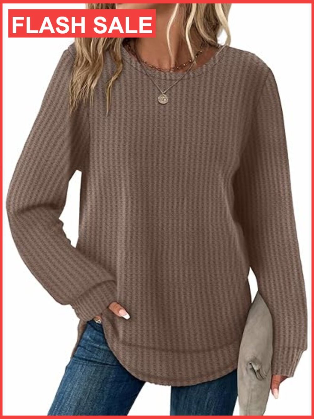 Rustic Waffle Knit Long Sleeve Tunic Crewneck Sweater Curved Hem